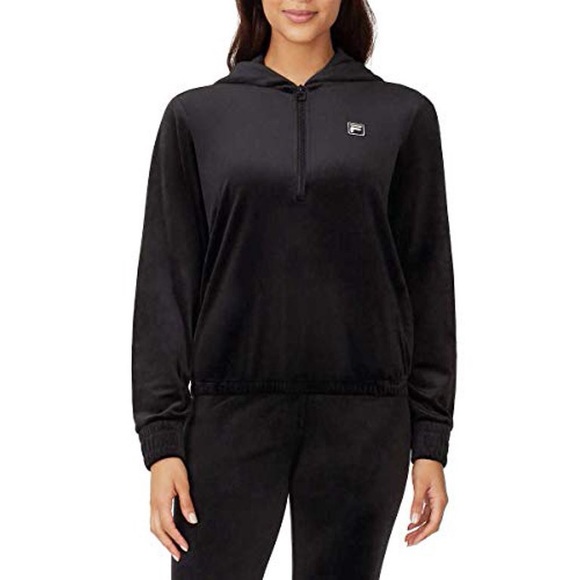 NWT Women’s Size Small Fila Velour Half-Zip Fleece Logo Print Hoodie In Black - Picture 2 of 12